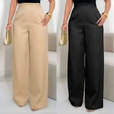 Calça Alfaiataria Wide Leg Feminina Pantalona Com Bolso Botão Zíper Luxo Casual Elegante
