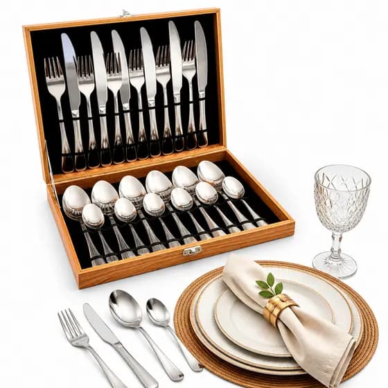 Faqueiro Jogo de Talheres Inox 24 Peças | Premium Caixa Madeira Grosso Mesa Posta Lindo Presente Casamento Jantar