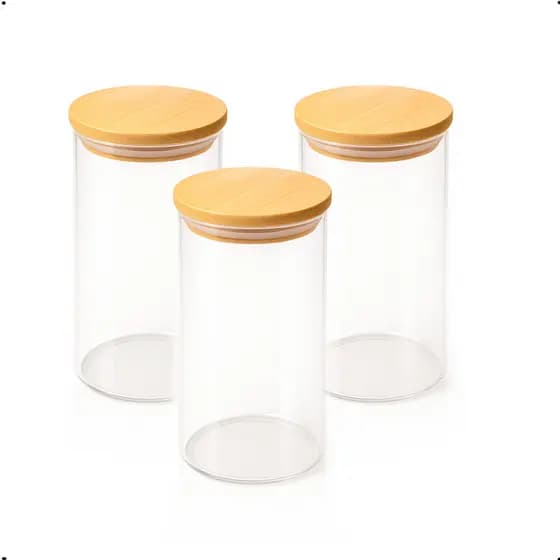 Pote Hermético de  Vidro Borossilicato Redondo Com Tampa de Bambu 950ml