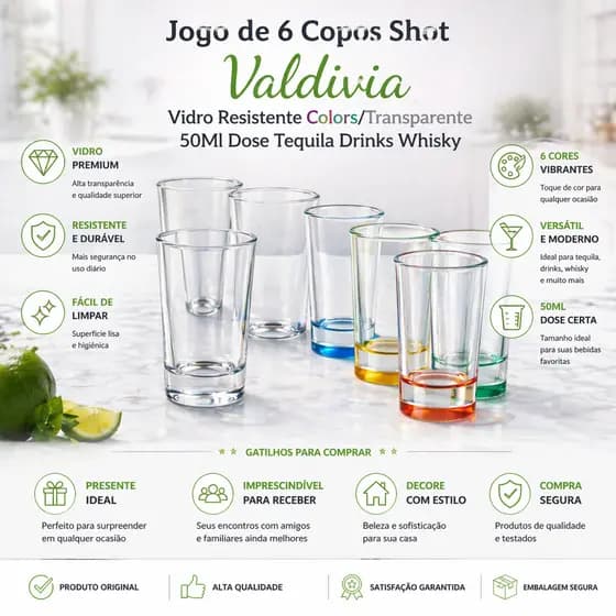 Jogo de 6 Copos Shot Valdivia Vidro Resistente Colors/Transparente 50Ml Dose Tequila Drinks Whisky