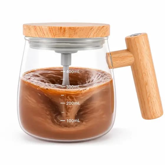Caneca Elétrica Misturadora Mixer Automática USB 400ml Vidro Madeira | Prática Para Café Whey Shake Cappuccino Premium