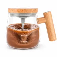 Caneca Elétrica Misturadora Mixer Automática USB 400ml Vidro Madeira | Prática Para Café Whey Shake Cappuccino Premium