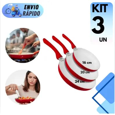 KIT 3 FRIGIDEIRAS DE CERAMICA 16CM 20CM E 24 CM CABO DE SILICONE ANTIADERENTE FACILITA  PREPARO