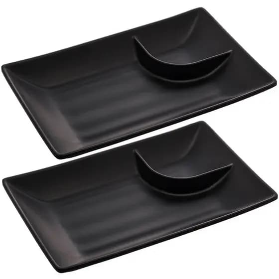 Kit 2 Pratos para Sushi com Molheira Melamina Pretos 19x12,5cm Lyor Tóquio Retangulares