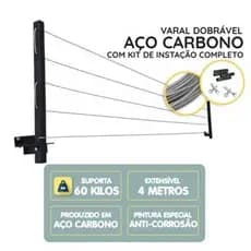 Varal em aço carbono Reforçado Retrátil De Parede + kit instalação com capacidade de até 60 Kg