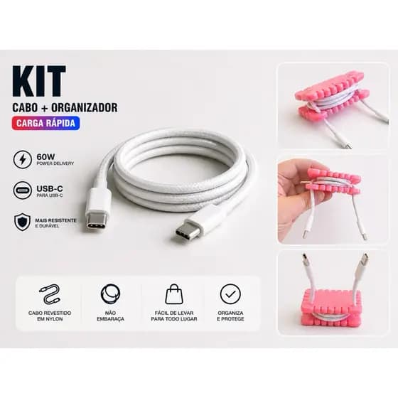 Kit Cabo USB-C para USB-C 60W + Organizador de Cabo  | Carregamento Rápido | Cabo Revestido em Nylon | Anti Embaraço