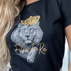 Blusa Tshirt Evangélica Feminina Leão Coroa Strass algodão