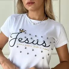 Blusa t shirt feminina moda evangélica Jesus perolas algodão casual