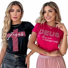 Kit 2 Tshits blusas Deus e Jesus cruz strass feminina evangélica 100% algodão