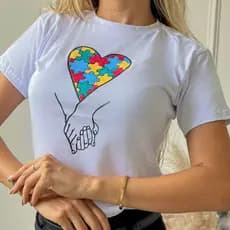 Blusa Tshirt feminina coração Autismo branca algodão