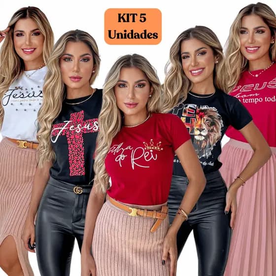 Kit 5 Tshits Blusas Feminina Evangélica 100% Algodão Básica Moda Cristã Camiseta Estampada