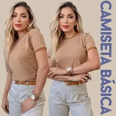 Camiseta Feminina Básica T-shirt Listrada Risca de Giz Blusa Algodão Premium Verão Camiseta Boho