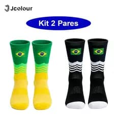 kit 2 pares Meia Brasil Cano Alto Copa do Mundo Meia Bandeira Brasil 40 ao 46