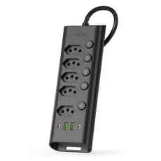 COIBEU Filtro de Linha 5 Tomadas + 2 USB + 2 Type-C, 2500W, 10A – Preto ou Branco com Interruptor