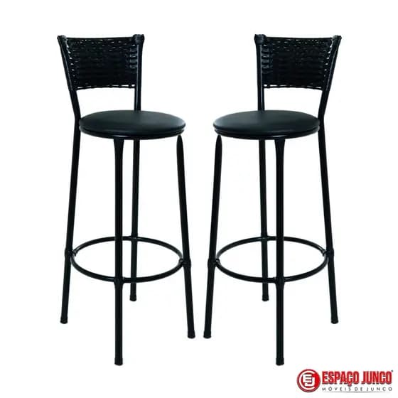 Kit 2 Banquetas Altas Pretas - Design Moderno com Fibra Natural Sintética - Para Cozinha Americana e Área Gourmet