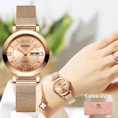 Estilo Moda de luxo inoxidável à prova d'água marca jóias senhora relógio original para as mulheres Malha Strap Quartz Watch Ladies Luminous Waterproof Dual Calendar Feminino Student Steel Band Pulseira relógio de esportes