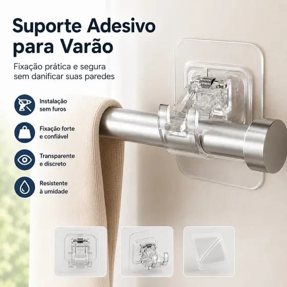Suporte Adesivo para Varão de Cortina Sem Furar Parede Autocolante Ajustável Instalação Fácil para Casa Quarto e Sala