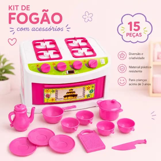 KIT DE FOGÃO FOGÃOZINHO ROSA COZINHA BRINQUEDO INFANTIL COM ACESSORIOS 15 PEÇAS MENINA