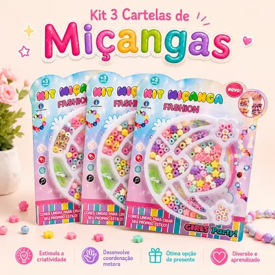 Kit 3 Cartelas Miçangas Coloridas Infantil Fazer Pulseiras Colares Brinquedo Educativo  e Criativo