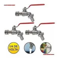 Kit 3 Unid. Torneira Para Jardim 1/2 Quintal Válvula Metálica Vermelha