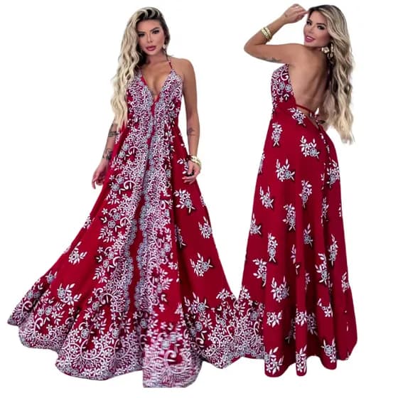 Vestido Indiano Longo Estilo indiano Feminino Verão Elegante em Crepinho Tendência Moda Verão