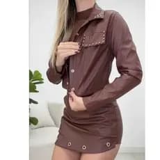 Conjunto Feminino en Couro Sintético Short Saia + Jaqueta com Pérolas Moda Luxo tamanho P M G