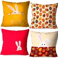 Kit 4 Capas de Almofadas Páscoa 45x45 Oxford e Zíper invisível Estampa Frente e Verso FELIZ PÁSCOA COELHOS – Linda Decor