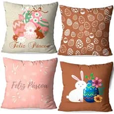 Kit 4 Capas de Almofadas Páscoa 45x45 Oxford e Zíper invisível Estampa Frente e Verso FELIZ PÁSCOA – Linda Decor