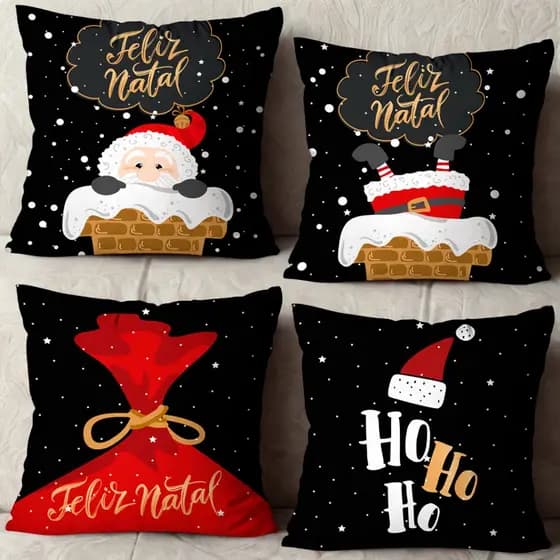 Kit 4 Capas para Almofadas Natalinas 45x45 | Linda Decor | Decoração de Natal Sala Sofá Preto Noel