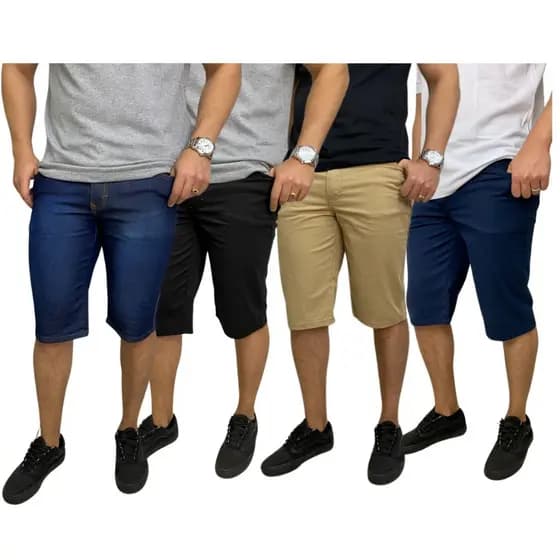 Kit 4 Bermudas Masculinas Jeans e Sarja Elastano Confortável Dia a Dia Shorts Premium