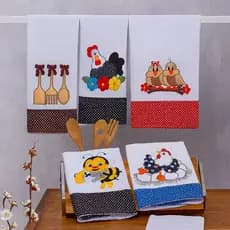 Kit 03 Pano de Prato Bordado Estampas Variadas 100% Algodão