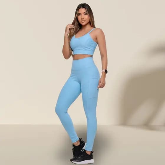 Conjunto Fitness Feminino de Academia Legging e Top Calça cos alto e bolso na lateral