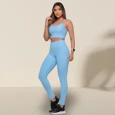 Conjunto Fitness Feminino de Academia Legging e Top Calça cos alto e bolso na lateral