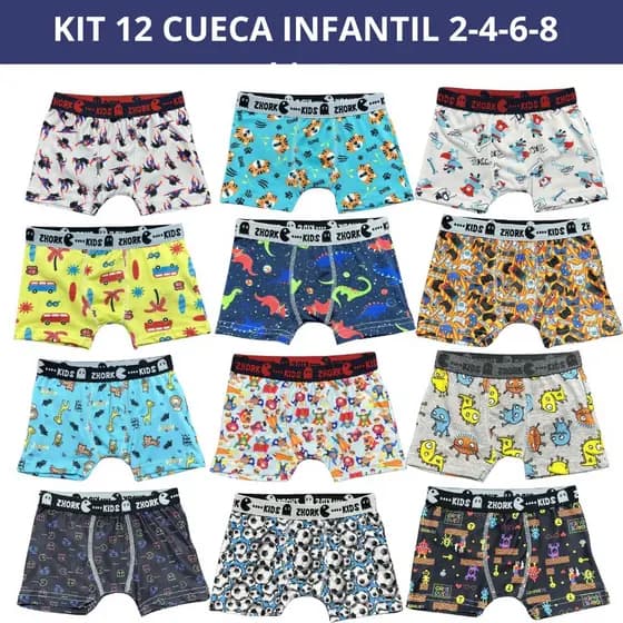 Kit 12 Cuecas Box Microfibra Forro 100% algodão 4 ao 8 Boxer Infantil Estampas Sortidas