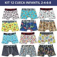Kit 12 Cuecas Box Microfibra Forro 100% algodão 4 ao 8 Boxer Infantil Estampas Sortidas