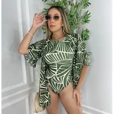 Kit Maiô Body Saída De Praia Banho Kimono Feminino Com Bojo Estampado