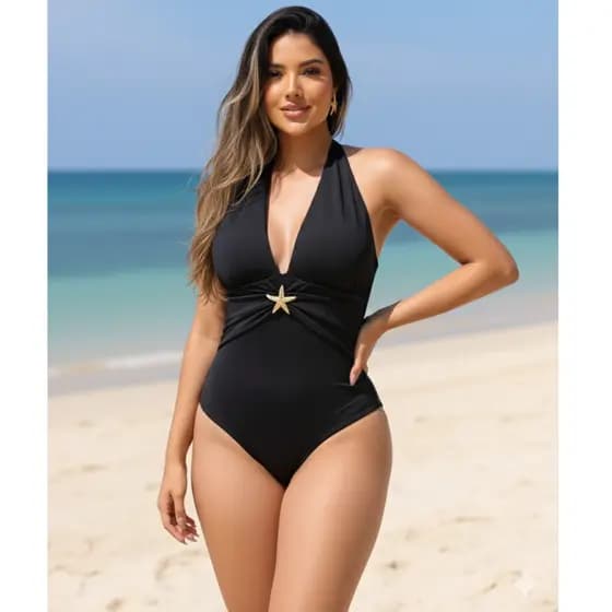 Maiô Body Feminino Liso Disfarça Barriga Afina Cintura Estrela Decote Premium