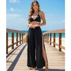 Conjunto Moda Praia Feminino Calça Pantalona Cintura Alta Com Biquini Bojo Hot