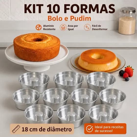 Kit 10 Formas de Alumínio para Bolo e Pudim 18cm | Assadeiras Redondas com Furo Central