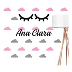 ADESIVO DECORATIVO DE PAREDE INFANTIL NUVENS + CILIOS+NOME  100un 7cm ROSA CLARO+CINZA CLARO