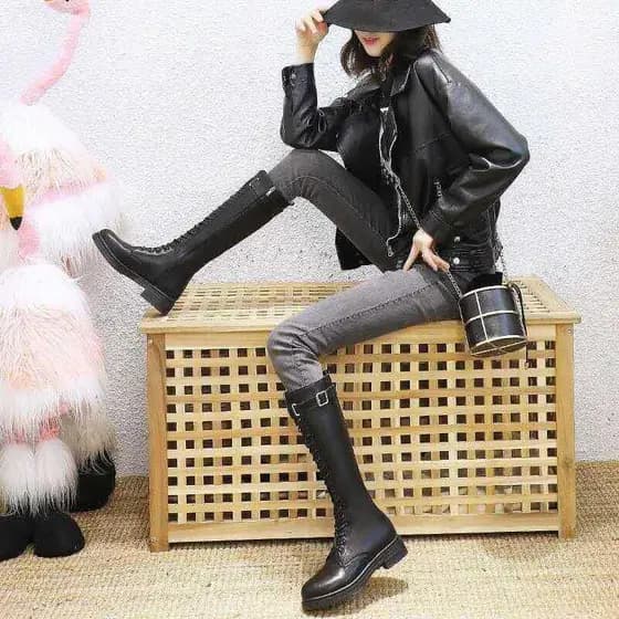 Botas escovadas versão coreana em estoque pronto, aparência mais fina, lindas botas de cavaleiro com cadarço, botas de c
