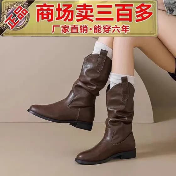 Botas de pilha de couro macio Olay com gabinete de retirada Botas de cano médio femininas outono inverno 2026 Novo estil