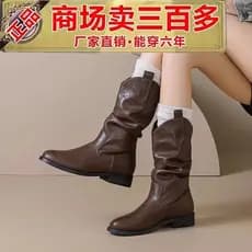Botas de pilha de couro macio Olay com gabinete de retirada Botas de cano médio femininas outono inverno 2026 Novo estil