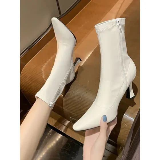 Botas curtas com forro de lã branca, estoque pronto, mulheres 2026, primavera outono, novo estilo, botas da moda, salto