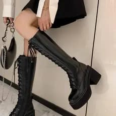Estoque pronto Altura aumentada 8cm~!Botas Fat mm Botas de perna grossa Botas altas com cadarço Botas de coxa de tamanho