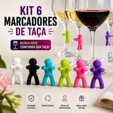 Kit de 6 Marcadores de Taça Silicone Colorido Vinho Drinks Coquetéis Gin