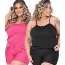 Kit com 2 Baby Doll Liso Plus Size em Poliéster Short Doll Adulto Feminino Linha Noite.