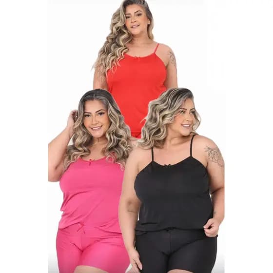 Kit com 3 Baby Doll Liso Plus Size em Poliéster Short Doll Adulto Feminino Linha Noite.