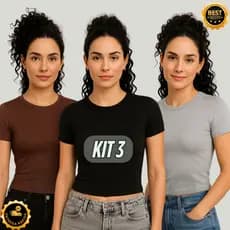 Kit 3 Baby Tee Feminina – Blusa Básica Slim Manga Curta