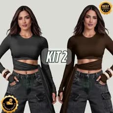 Kit 2 ou 1 Unidade Blusa Cropped com Amarração Manga Longa – Suplex Premium Slim Festa Moda Gringa